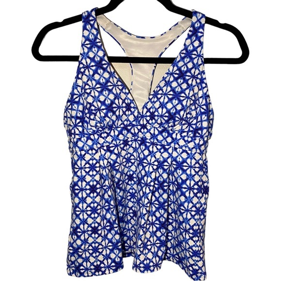 Lands End Womens 4p Blue White Shibori Tie Dye Tankini Swim Suit Top Racerback